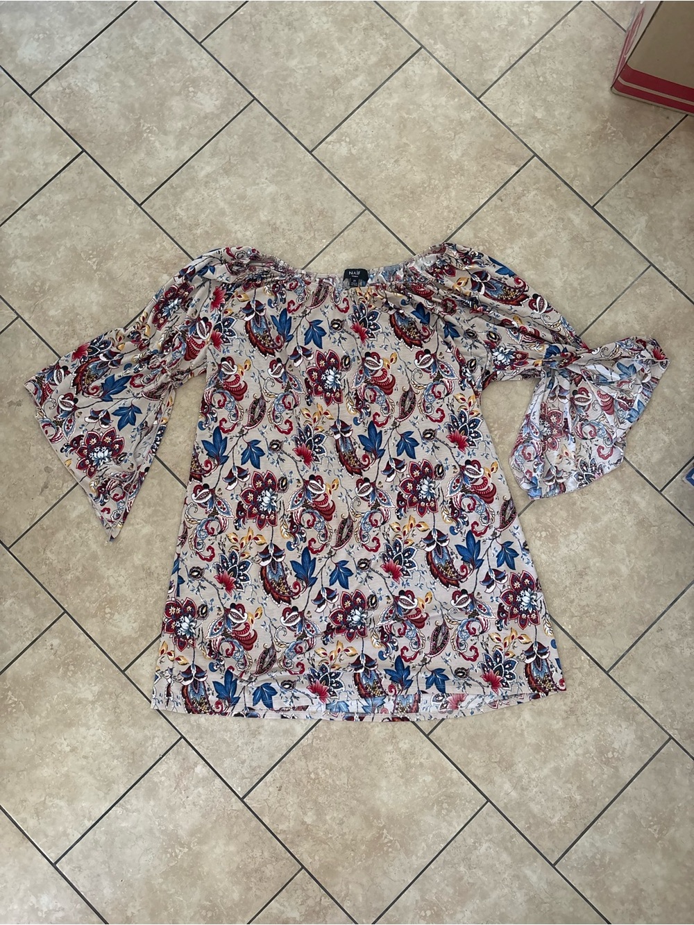 NAIF Floral Off-Shoulder Tunic in Cream, Blue, Red